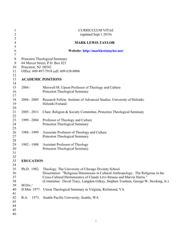 CURRICULUM VITAE 2 (Updated Sept 1 2019) 3 4 MARK LEWIS TAYLOR 5 6 Website: 7 8 Princeton Theological Seminary 9 64 Mercer Street, P.O