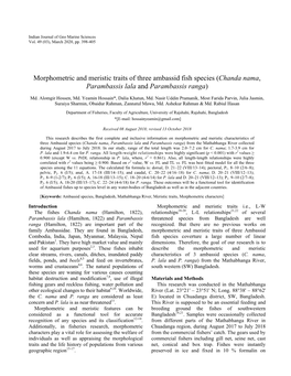 Morphometric and Meristic Traits of Three Ambassid Fish Species (Chanda Nama, Parambassis Lala and Parambassis Ranga)