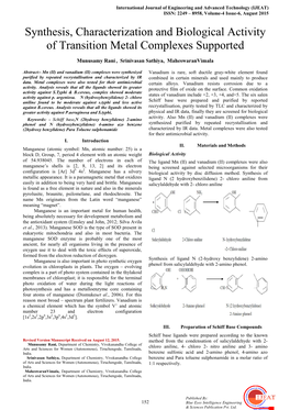 Synthesis, Characterization and Biological Activity of Transition Metal Complexes Supported