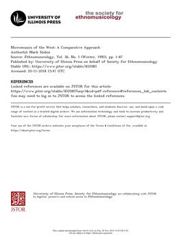 Micromusics of the West: a Comparative Approach Author(S): Mark Slobin Source: Ethnomusicology, Vol