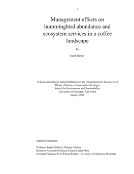 Management Effects on Hummingbird Abundance and Ecosystem Services in a Coffee Landscape