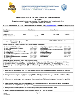 PROFESSIONAL ATHLETE PHYSICAL EXAMINATION BOXING Only a Licensed Physician May Conduct This Examination and Complete This Form