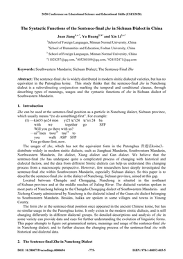 The Syntactic Functions of the Sentence-Final Zhe in Sichuan Dialect in China