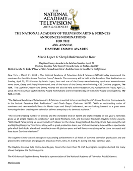 THE NATIONAL ACADEMY of TELEVISION ARTS & SCIENCES ANNOUNCES NOMINATIONS for the 45Th ANNUAL DAYTIME EMMY® AWARDS Mario