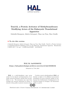 Trm112, a Protein Activator of Methyltransferases Modifying Actors of the Eukaryotic Translational Apparatus