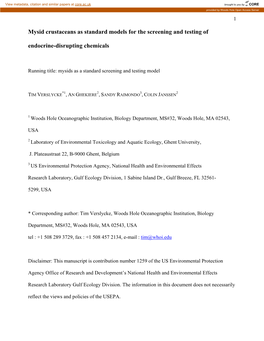 Mysid Crustaceans As Standard Models for the Screening and Testing Of