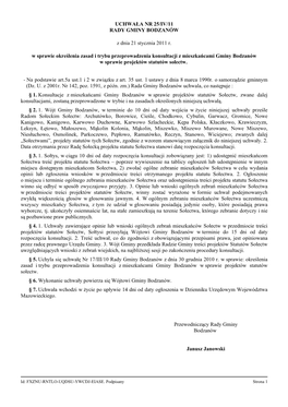 UCHWAŁA NR 25/IV/11 RADY GMINY BODZANÓW Z Dnia 21 Stycznia 2011 R. W Sprawie Określenia Zasad I Trybu Przeprowadzenia Konsult