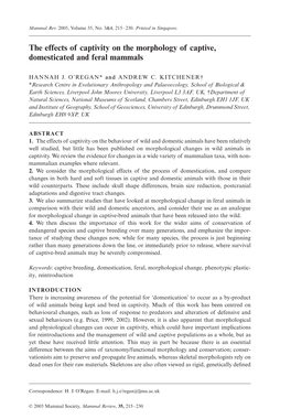 The Effects of Captivity on the Morphology of Captive, Domesticated and Feral Mammals