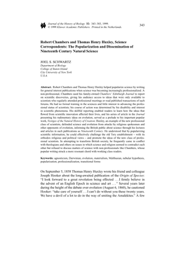 Robert Chambers and Thomas Henry Huxley, Science Correspondents: the Popularization and Dissemination of Nineteenth Century Natural Science