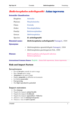 Bothriocephalus Acheilognathi - Asian Tapeworm