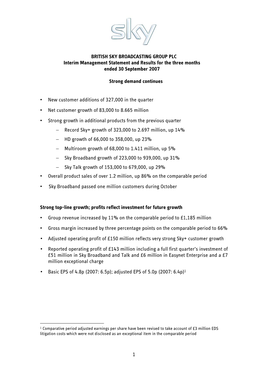 1 BRITISH SKY BROADCASTING GROUP PLC Interim