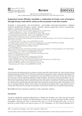 Segmented Worms (Phylum Annelida): a Celebration of Twenty Years of Progress Through Zootaxa and Call for Action on the Taxonomic Work That Remains