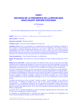 5/Ag/3 Archives De La Présidence De La République Sous Valéry Giscard D’Estaing