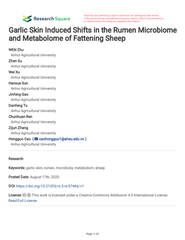 Garlic Skin Induced Shifts in the Rumen Microbiome and Metabolome of Fattening Sheep