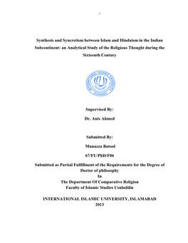 Synthesis and Syncretism Between Islam and Hinduism in the Indian Subcontinent: an Analytical Study of the Religious Thought During the Sixteenth Century