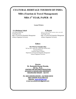 CULTURAL HERITAGE TOURISM of INDIA MBA (Tourism & Travel Management) MBA 1 St YEAR, PAPER –II