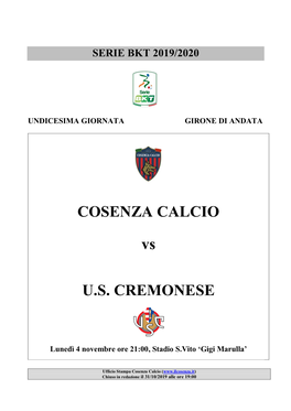 COSENZA CALCIO Vs U.S. CREMONESE