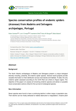 Species Conservation Profiles of Endemic Spiders (Araneae) from Madeira and Selvagens Archipelagos, Portugal