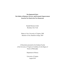 Developmental State: the Politics of Business, Poverty, and Economic Empowerment from the New Deal to the New Democrats Randall