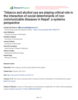 Tobacco and Alcohol Use Are Playing Critical Role in the Interaction of Social Determinants of Non- Communicable Diseases in Nepal': a Systems Perspective