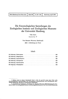 Die Entomologischen Sammlungen Des Zoologischen Instituts Und Zoologischen Museums Der Universität Hamburg