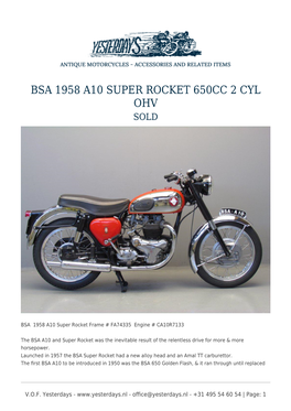 Bsa 1958 A10 Super Rocket 650Cc 2 Cyl Ohv Sold