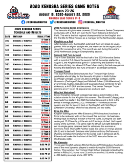 2020 KENOSHA SERIES GAME NOTES Games 23-26 August 19, 2020-August 22, 2020 Kingfish Lead Series 14-8 @Kenoshakingfish @Kenoshakingfish @Kenosha Kingfish