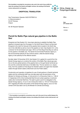 Permit for Baltic Pipe Natural Gas Pipeline in the Baltic Sea1