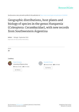 Geographic Distributions, Host Plants and Biology of Species in the Genus Huequenia (Coleoptera: Cerambycidae), with New Records from Southwestern Argentina