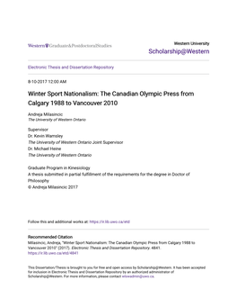 Winter Sport Nationalism: the Canadian Olympic Press from Calgary 1988 to Vancouver 2010