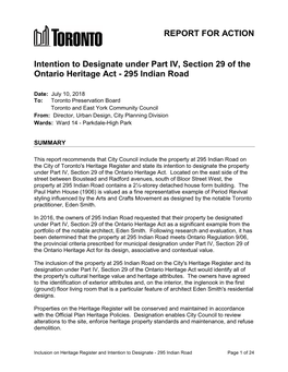 Intention to Designate Under Part IV, Section 29 of the Ontario Heritage Act - 295 Indian Road