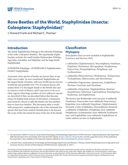 Rove Beetles of the World, Staphylinidae (Insecta: Coleoptera: Staphylinidae)1 J