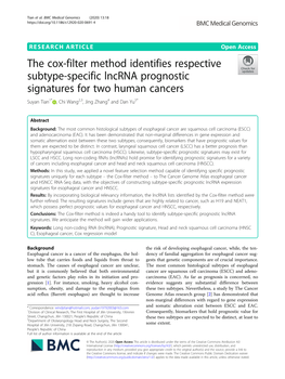 The Cox-Filter Method Identifies Respective Subtype-Specific Lncrna Prognostic Signatures for Two Human Cancers Suyan Tian1* , Chi Wang2,3, Jing Zhang4 and Dan Yu5*