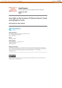 New Light on the Location of Clément Marot's Tomb and Epitaph in Turin