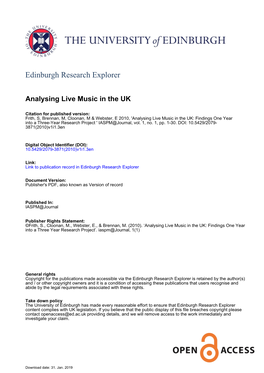 Analysing Live Music in the UK: Findings One Year Into a Three-Year Research Project ' IASPM@Journal, Vol