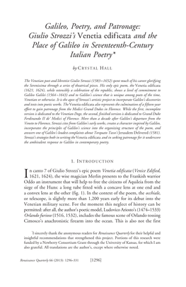 Galileo, Poetry, and Patronage: Giulio Strozzi’S Venetia Edificata and the Place of Galileo in Seventeenth-Century Italian Poetry*