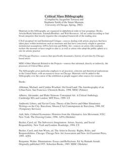 Critical Mass Bibliography (Compiled by Jacqueline Terrassa and Stephanie Smith of the Smart Museum, University of Chicago, Spring, 2002)