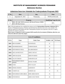 Admission Interview Schedule for Undergraduate Programs 2021