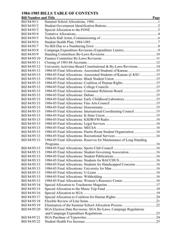 1984-1985 BILLS TABLE of CONTENTS Bill Number and Title Page Bill 84/85/1 Summer School Allocations, 1984