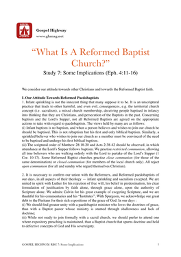 “What Is a Reformed Baptist Church?” Study 7: Some Implications (Eph