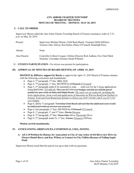 APPROVED Page 1 of 10 Ann Arbor Charter Township Boft Minutes 5-20-2019 ANN ARBOR CHARTER TOWNSHIP BOARD of TRUSTEES MINUTES OF