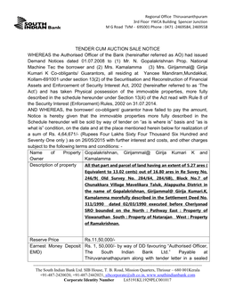 TENDER CUM AUCTION SALE NOTICE WHEREAS the Authorised Officer of the Bank (Hereinafter Referred As AO) Had Issued Demand Notices Dated 01.07.2008 to (1) Mr