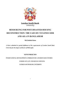 Resourcing for Post-Disaster Housing Reconstruction: the Case of Cyclones Sidr and Aila in Bangladesh