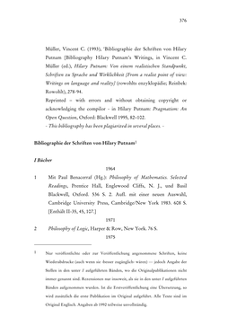 Bibliography Hilary Putnam’S Writings, in Vincent C