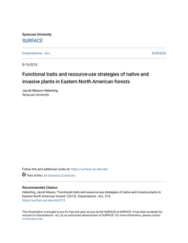 Functional Traits and Resource-Use Strategies of Native and Invasive Plants in Eastern North American Forests