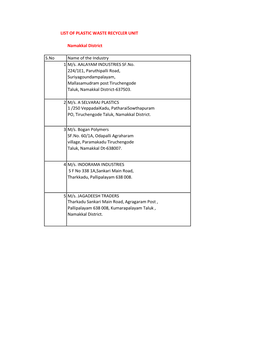 LIST of PLASTIC WASTE RECYCLER UNIT Namakkal District