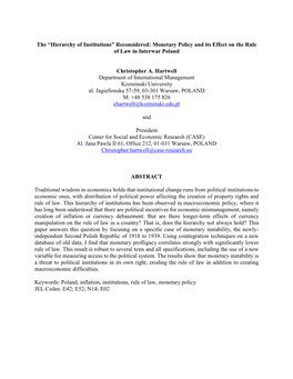 Hierarchy of Institutions” Reconsidered: Monetary Policy and Its Effect on the Rule of Law in Interwar Poland