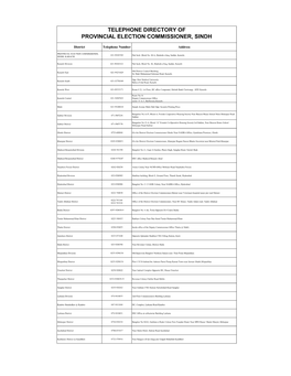 Telephone Directory of Provincial Election Commissioner, Sindh