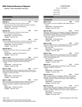 HPO Cultural Resource Reports FILTER SETTINGS: (Sorted By: County / Municipality / Shelf Code) County:: HUNTERDON Municipallity: County Code: Agency Code