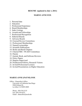 Marye Anne Fox Curriculum Vitae